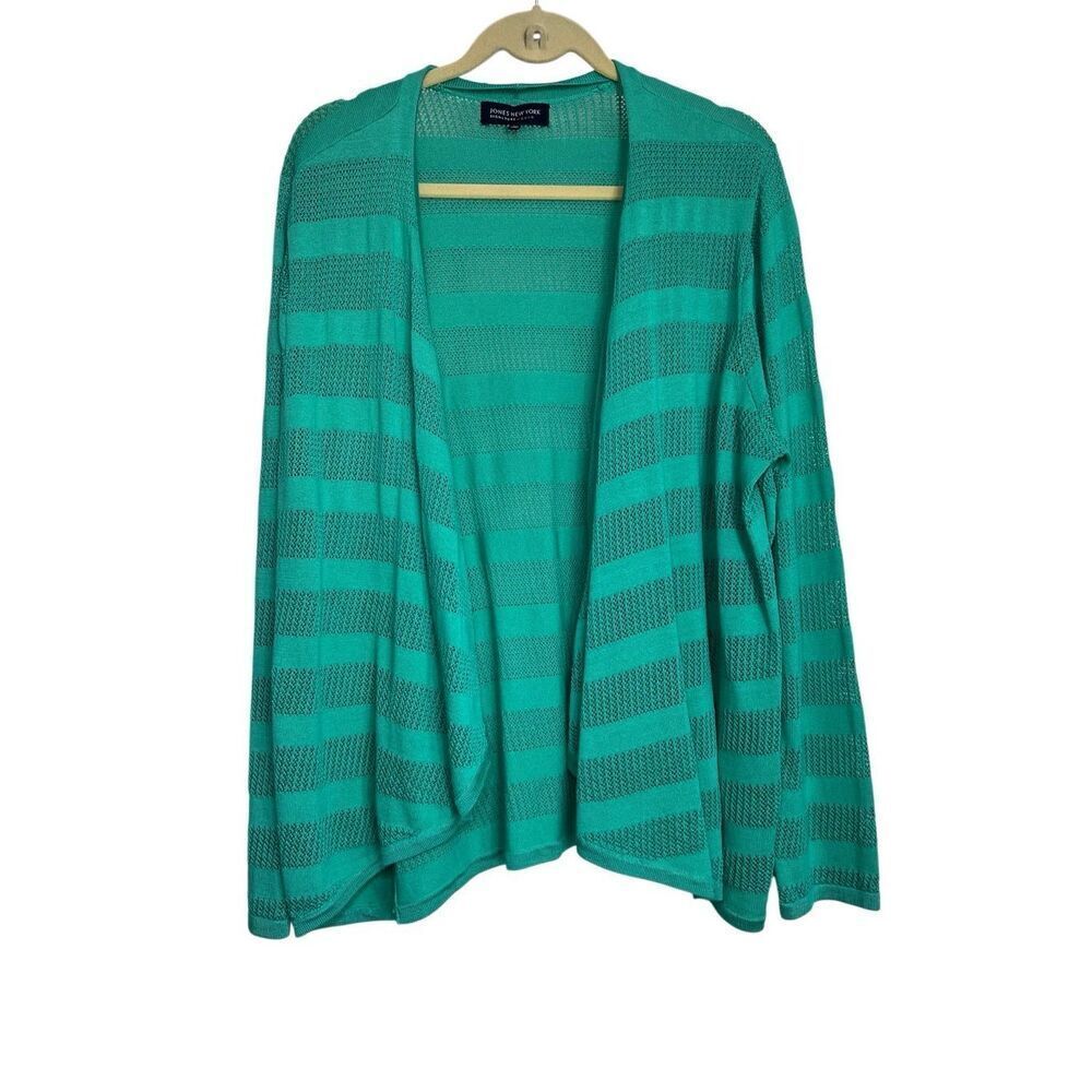 Jones New York‎ Sweater Womens Size 2X Green Cardigan Striped Open Front Knit